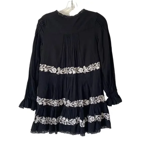 Anthropologie Long Sleeve Black Embroidered Lace Trim Swing Dress size XXS - Picture 8 of 11